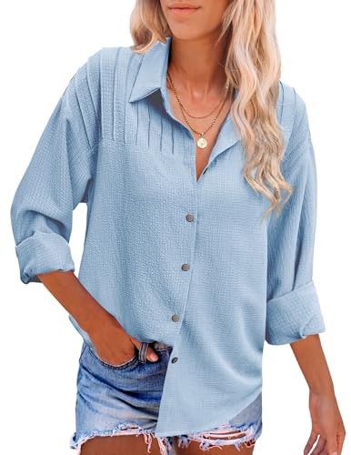 HOTOUCH Womens Long Sleeve Button Down Shirts Oversized Collared Drop Shoulder Work Tops Textured Loose Blouse S-XXXL