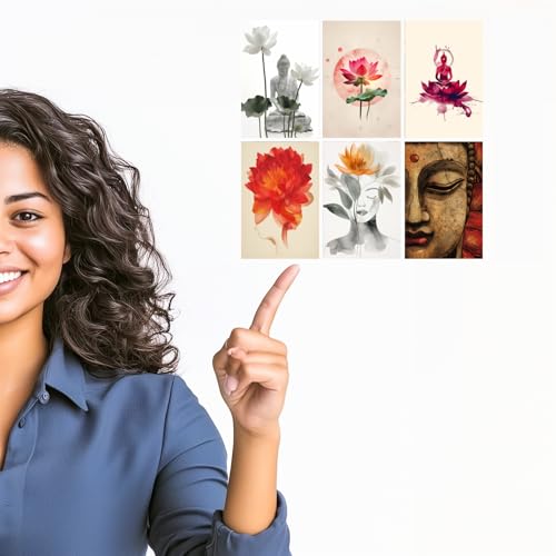 Image of SiddArtify Serene Buddha - Lotus Flower Art Print Set - Set of 2-4x6 Inch - Board (Pack of 6) - Sticker (Pack of 6) Wall Room Decoration art Poster Prints