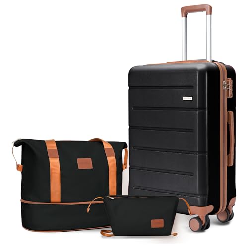 Image of Luggage Set 3 Piece, Carry On Luggage 20 Inch 22x14x9 Airline Approved with Spinner Wheels & TSA Lock, Durable Lightweight ABS Hardside Suitcase Set for Travel (20 /TB /DB Black)