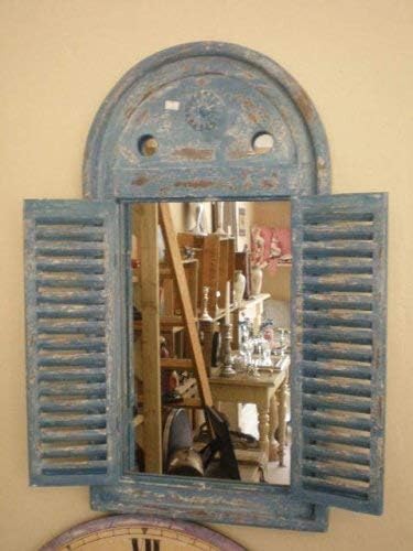 Esschert Design WD13 Distressed Blue Louvre Mirror in an indoor setting