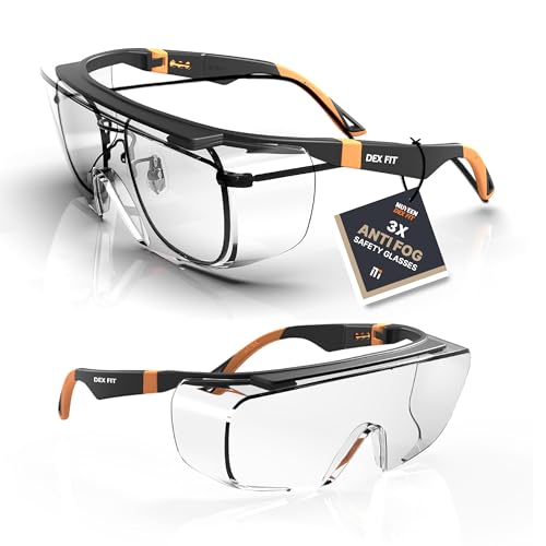 DEX FIT SG210 OTG Gafas de Trabajo para Usuarios con Gafas; Protección Ocular Z87, 3x Resistentes a la Niebla y a los Arañazos, Ajustables, para Hombres y Mujeres, con Protección UV