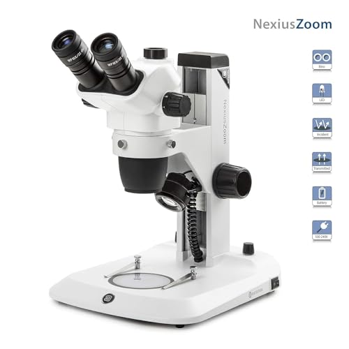 Image of NexiusZoom Trinocular Stereo Zoom Microscope 0.67x to 4.5X Zoom Objective, Magnification from 6.7X to 45x, Rack and Pinion Stand, Incident and transmitted 3 W LED illuminations