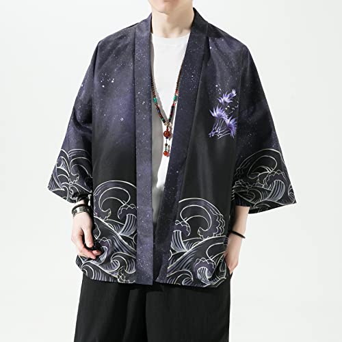 Image of Men's Japanese Kimono Robe Jacket Lightweight 3 /4 Sleeve Open Front Yukata | Silky Smooth Fashion Print Happi Coat Lightweight Breathable Loose Unisex Haori Casual Summer Cardigan Daily Beach Vacation