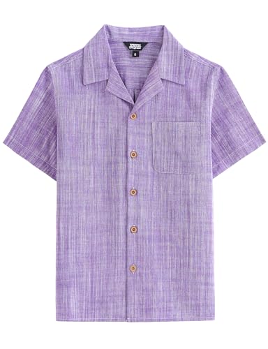 JOGAL Boys Chambray Button Down Shirts Short Sleeve Casual Cuban Shirt Summer Beach Shirts with Pocket for Kids 6-14 Years Purple 14