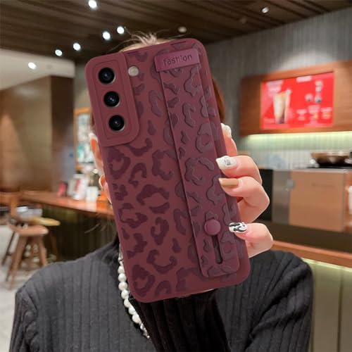 Image of Compatible with Samsung Galaxy S22 Plus Case with Strap Wrist | Cheetah Print Shockproof Soft TPU Protective Cover for Women Girls, Slim Anti Scratch Case 6.6 Inch, Wine Red