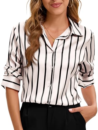 Image of Premium Soft Breathable Stretch Satin Silk Button Down Shirts for Women Long Sleeve Leopard Blouses Work Dress Tops