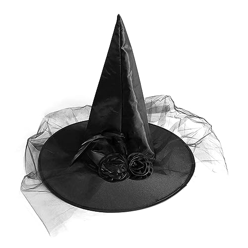 Chapeau de sorcière noir pour femme avec voile et plumes – Accessoires de costume d'Halloween pour adultes – Coiffe de sorcière pointue pour déguisement, carnaval, sorcière (noir)