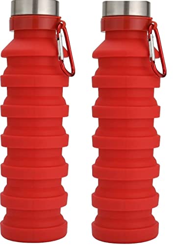 Baskety Collapsible Water Bottle Reusable Silicone Foldable for Travel Gym Camping Hiking Portable Leak Proof Sports 550ml (Red, Pack of 2)