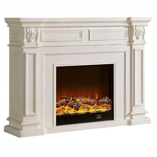 Chimenea eléctrica de madera tallada tradicional con repisa decorativa independiente (blanco)