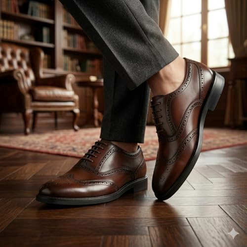 Image of Leatherful Genuine Leather Brogue Shoes for Men | TPR Sole & Nappa Leather Lining | Classic Dress Footwear New