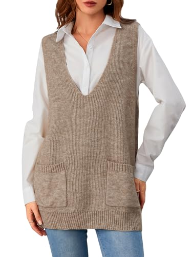 OYOANGLE Women's Deep V Neck Sweater Vest Sleeveless Pullover Sweaters with Pocket Fall Knitted Tank Tops