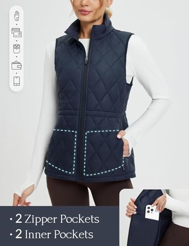 baleaf Women's Puffer Drawstring Vest Lightweight Winter Warm Stand Collar Quilted Golf Vests Water Resistant Zip Pockets4
