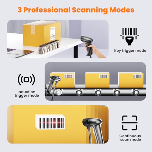Image of HIROBOT QR /2D /1D Barcode Scanner with Stand, Wired Handheld Barcode Reader Compatible with QR Code & Barcode, Camera Button Scan /Induction and Continuous Automatic Scan (BlackOrange)