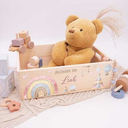 Kidsmood - Spielzeugkiste aus Holz mit Wunschnamen | Aufbewahrungsbox Kinder Spielzeug & Bücher | Praktische Holzkiste als Deko Kinderzimmer oder als Personalisierte Geschenke Baby zur Geburt & Taufe
