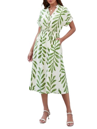 Image of Genfien Women's V Neck Dress Summer Dresses Leaf Print Elegant Dress with Pockets Neckline with Buttons Knee Length Green