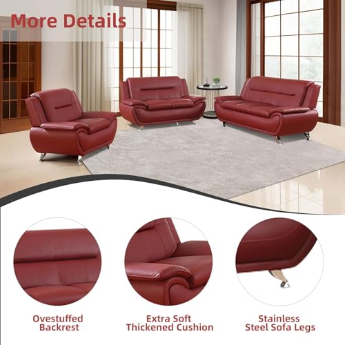 Image of Leather Sectional Couch, Living Room Furniture, 3 - Piece Couch Set, Faux Leather Modern Sectional Sofa Loveseat Chair Set with Sturdy Legs for Living Room /Bedroom /Office,Red