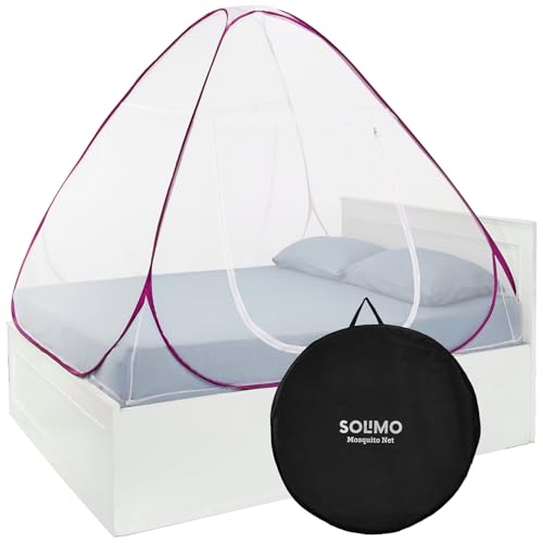 Amazon Brand - Solimo Mosquito Net for Double Bed with Mobile/Specs Pockets | Queen Size (180 x 158 x 150 cm) | Foldable Machardani | Polyester | 40 GSM | PVC Coated Rust Resistant Steel Wire (Pink)