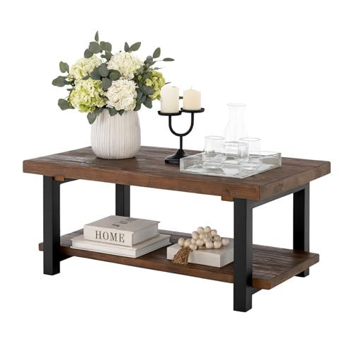 Alaterre Furniture Pomona Coffee Table with Storage Shelf-Industrial Modern Metal, Solid Wood, and Easy Assembly Farmhouse Living Room Furniture, 42-Inch, Rustic Natural