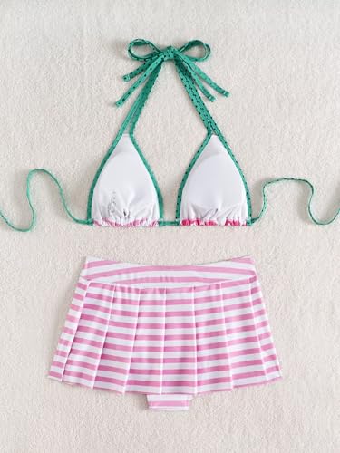 Women's Striped Printed Bathing Suit Star Halter Swimsuit Bikini Set Skirt2