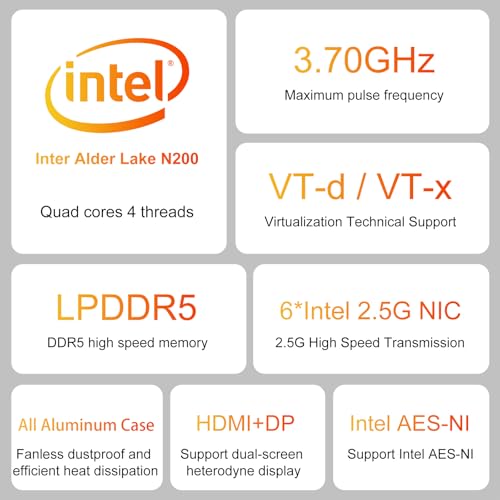 Image of 6 Ports Firewall Micro Appliance /Mini PC, 12th Gen Alder Lake N200 Quad Core Firewall Mini PC with 6x2.5G i226-V LAN DDR5 RAM, Support AES-NI VPN OPNsense, Barebone