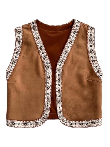 Women's Floral Contrast Binding Vest Vintage Open Front Sleeveless Crop Outerwear