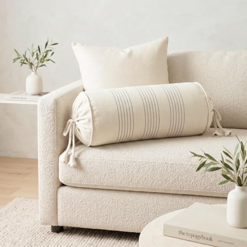 Image of SAJAVAT HOME Pure Cotton Stripe Bolster Cover | Decorative Round Cylindrical Pillow Cover for Sofa, Bed & Diwan | Soft & Breathable Cushion Cover | Beige with Grey Pinstripe | Pack of 2