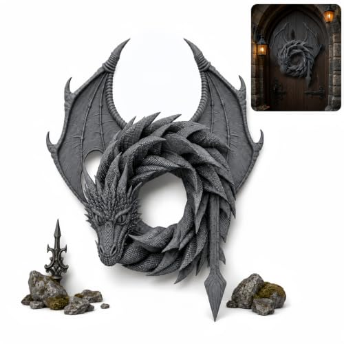Image of Handmade Dragon Wreath, Dark-Style Dragon-Shaped Wreath, Gothic Dark Fantasy Hanging Door Wreath with Detailed Scale Wings, Fantasy Gothic Wall & Door Decor Gift for Dragon Lovers (Gray)