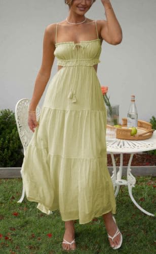 Image of ebossy Women's Cut Out Ruffled Long Boho Dress Sexy Spaghetti Straps Open Back Flowy Sundress (Small, S-Yellow)