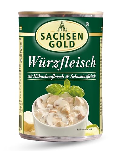 Sachsen Gold Würzfleisch 400g I Zartes Kasseler- Puten- & Kalbfleisch in cremiger Sauce I Herzhaftes Fertiggericht in recyclebarer Dose I Ideal zur Vorratshaltung & schnelle Küche