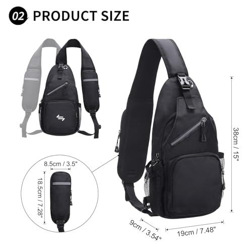 Small Sling Bag, Water Resistant 11 Inch Crossbody Chest Bags Oxford Daypack Backpack with Headphone Jack with Anti-theft Pocket for Men Women (Black)3