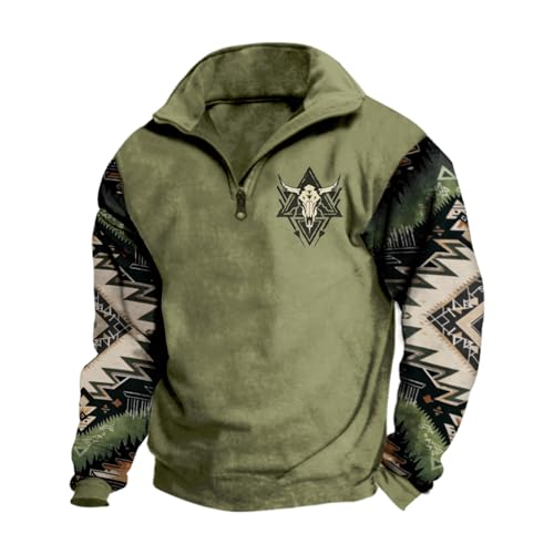 Aztec Cowboy Mens Hoodie Vintage Graphic Western Hoodies Casual Long Sleeve 1/4 Zipper Pullover Mens Country Jackets