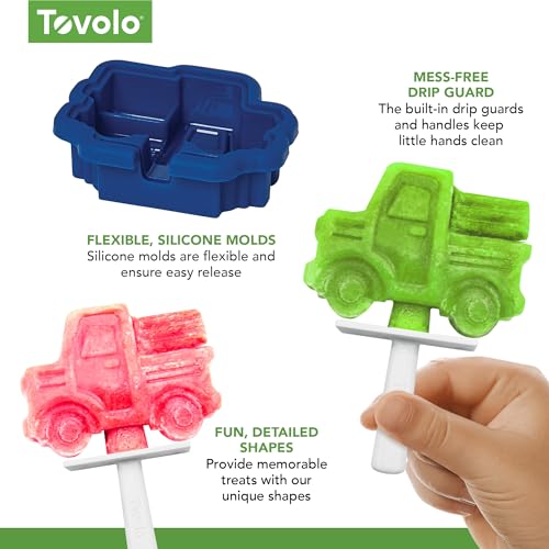 Image of Tovolo Truck Popsicle Mold Pack of 4 Silicone Ice Pop Makers with Sticks for Kids, Stackable Construction Vehicle Shaped Frozen Treats, BPA Free Dishwasher Safe Truck Molds for Popsicles