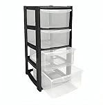 Buystarget 4 Plastic Drawers Storage Unit, 4 Tier Plastic Storage Drawers, A5 Paper Format Office Home Desktop Stationery Make Up Organiser Tidy Small Black 4 Drawer Mini Tower