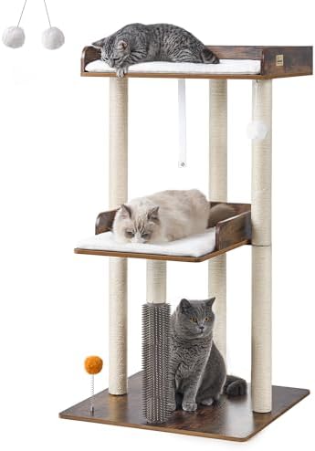111cm Katzenbaum, Katzenturm für große Erwachsene Hauskatzen | Moderner Katzenbaumturm, großer Katzenbaum mit Kratzsäule, Katzenhöhle für erwachsene Katzen, Rustikales Braun