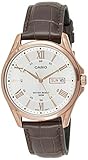 Casio #MTP1384L-7AV Men's Rose Tone Leather Band Day Date Roman Silver Dial Watch