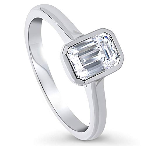 BERRICLE Valentines Day Gift Rhodium Plated Sterling Silver Solitaire Promise Engagement Ring Made with Swarovski Zirconia Emerald Cut 1 CTW Size 4.5