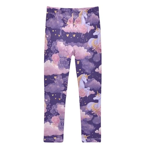 Cute Purple Unicorn Rose Flowers Girls Leggings Kids Yoga Pants Dance Active Tights 4T