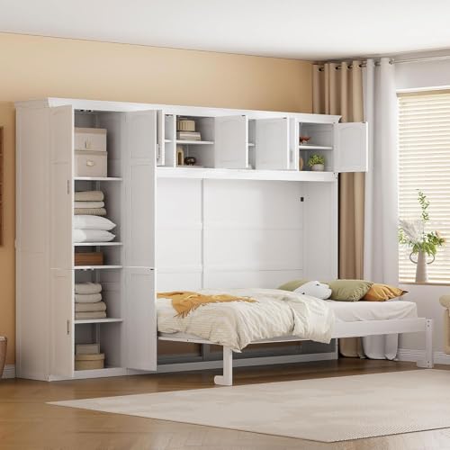 Virubi Queen Horizontal Murphy Bed Cabinet with Storage Cabinet,Wood Folding Murphy Wall Bed for Adult (White)