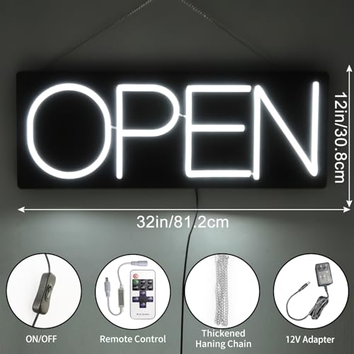 Image of 32 Inch White Minimalist LED Neon Open Sign for Business Storefront Window Glass Door Retail Shop Store Bar Salon Restaurant (12V /2A)
