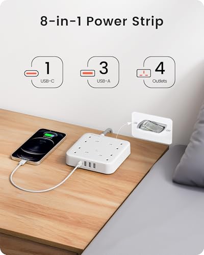 LENCENT Extension Lead with 4 Way Outlets, 3250W 13A Power Strip, 1.8M Braided Extension Cord, 1 USB-C and 3 USB Slots, Multi Power Plug Extension for Home and Office, White - Image 2