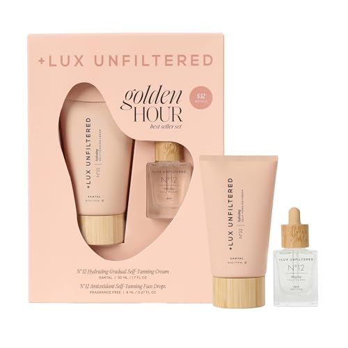 + Lux Unfiltered Mini Golden Hour Set - Includes Best Sellers N32 Gradual Self Tanner Santal 1.7 fl oz & N12 Face Tanning Drops 0.27 fl oz - Trial Size Self Tanner - Vegan & Cruelty Free