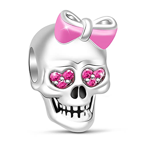 GNOCE Skull Charms Pendants 925 Sterling Silver Beads Charm Pink Smalto Bowknot Pink Sapphire CZ Pietre per Bracciali Collane Heart in My Eyes