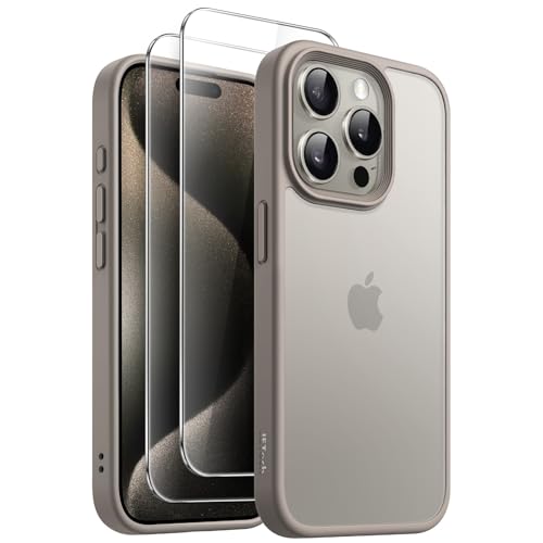 JETech 3 in 1 Matte Case for iPhone 15 Pro 6.1-Inch with 2 Pack Tempered Glass Screen Protectors, Translucent Frosted Shockproof Phone Cover (Natural Titanium) by JETech - Used condition - CA$10.93