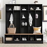 JIJIWANG 72' H Wide Design Hall Tree with Storage Bench, Minimalist Shoe Cabinet with Cube Storage & Shelves, Multifunctional Coat Rack with 8 Hooks for Entryways, Mudroom, Black
