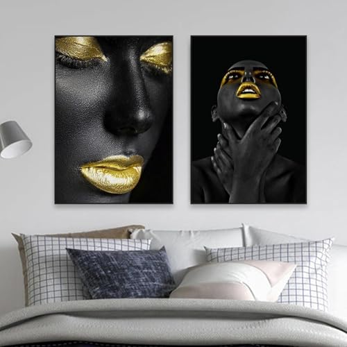 Affiches femme maquillage fille noire lèvres dorées décoration maison 80x110