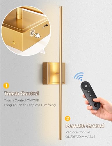 Image of DORESshop Battery Operated Wall Sconces Set of 2, Dimmable Battery Wall Sconce with Remote Control, Gold 350Rotate Rechargeable Sconces, 28.1 Inch Wireless Wall Lights for Bedroom, Living Room