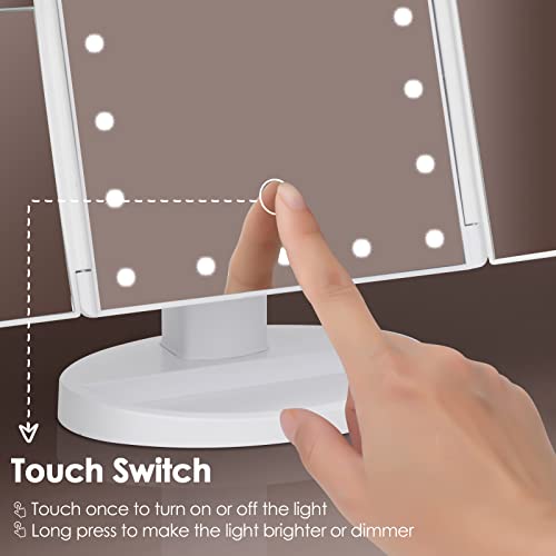 Illuminated Trifold Makeup Mirror with Touch Screen, 1x/2x/3x Magnification, and Dual Power Options