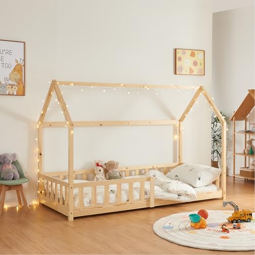 [en.casa] Kinderbett Hesel Hausbett Holzoptik 90 x 200 cm mit Rausfallschutz und Lattenrost Montessori Bodenbett Jugendbett Holzbett