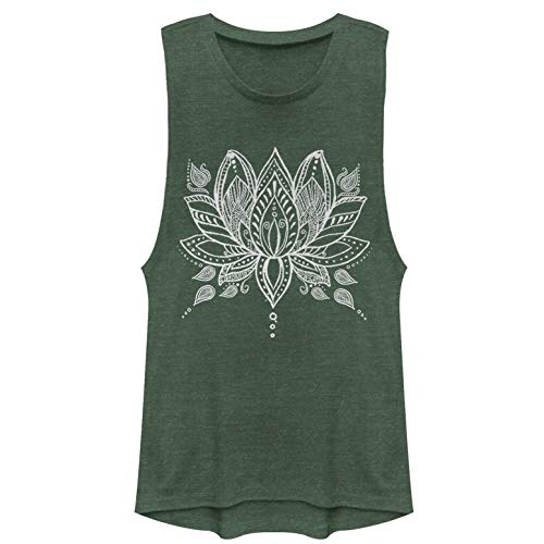 Junior's Chin UP Henna Lotus Flower Festival Muscle Tee - Pine Green Heather - Small
