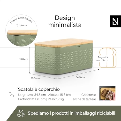Image of LARS NYSOM Bread Box I Metal bread box for long lasting freshness with non-slip pads I Baked goods Bin with bamboo lid usable as cutting board I 13.6x7.3x6.2in (Sage Green)